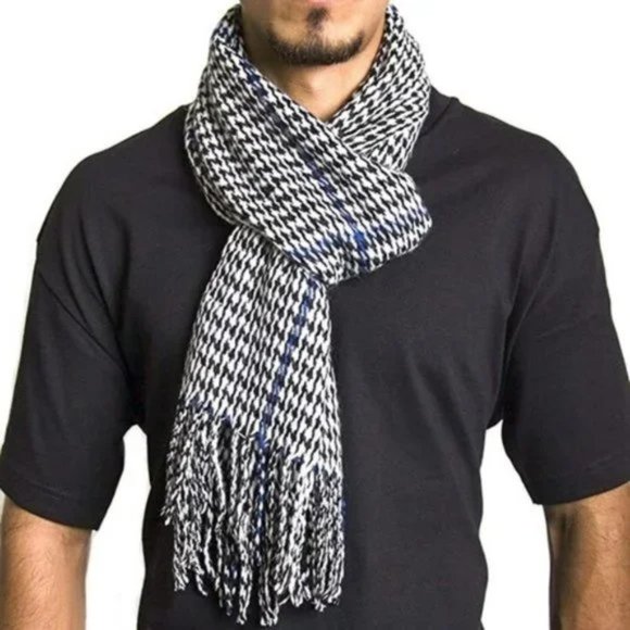MENS Plaid Scarf Softer Than Cashmere Scarves Winter Shawl Blue Houndstooth - Picture 1 of 4